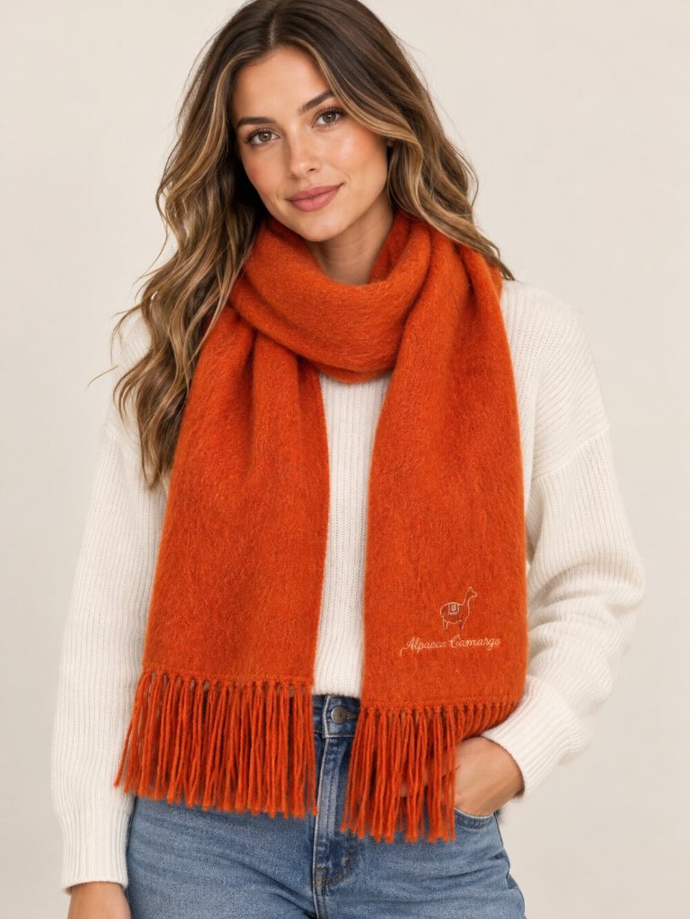 Alpaca Camargo Orange Fringe Scarf Made in Peru Boho Fall Cozy Winter